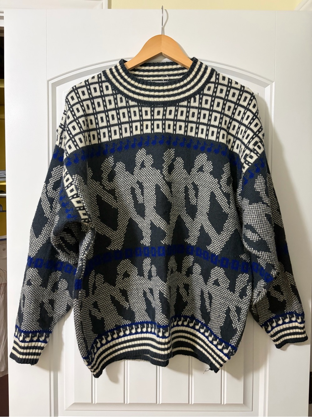 Vintage Funky Jazzy Wool Blend Patterned Crewneck Sweater size Medium